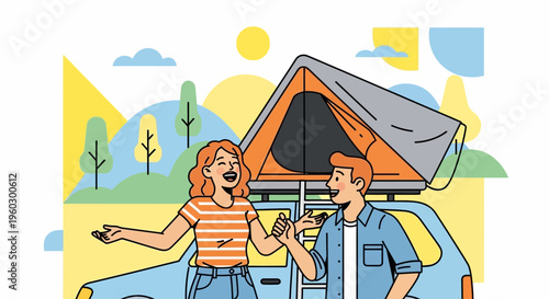 Joyful Couple Enjoys Rooftop Tent Camping Adventure Outdoors