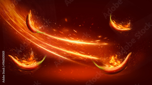 Bild auf Leinwand "Fiery chilies blaze through the air, leaving trails of heat and intensity that ignite the senses
