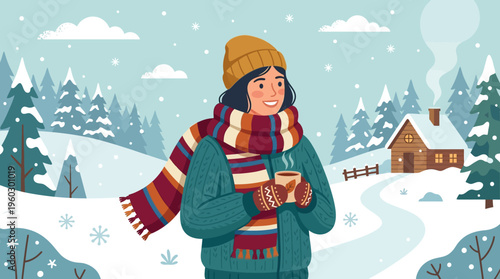 Winter Scene of a Woman Enjoying a Hot Drink
