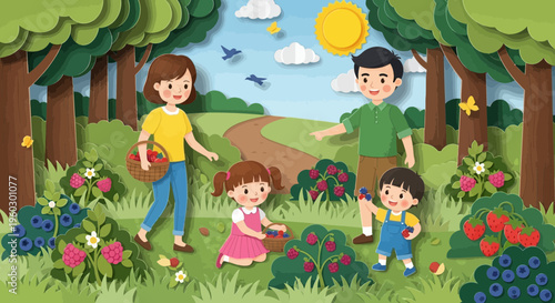 Joyful Family Berry Picking Adventure In A Sunny Forest Glade