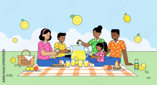 Joyful Family Picnic Gathering Outdoors Enjoying Refreshing Lemonade And Sunshine