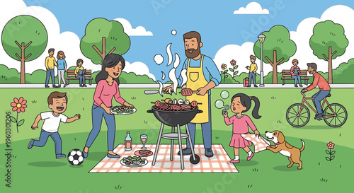 Joyful Family Picnic And Barbecue In Sunny Park With People Enjoying Outdoor Activities