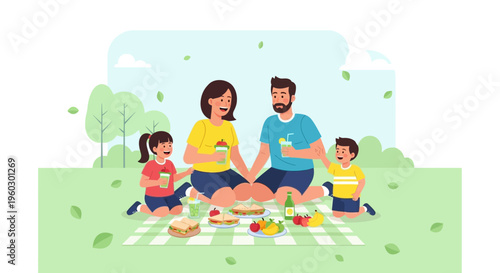 Joyful Family Picnic Scene Outdoors On A Sunny Day Enjoying Food And Drinks