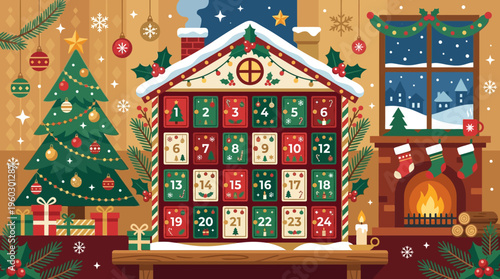 Festive Gingerbread Advent House with Christmas Decorations