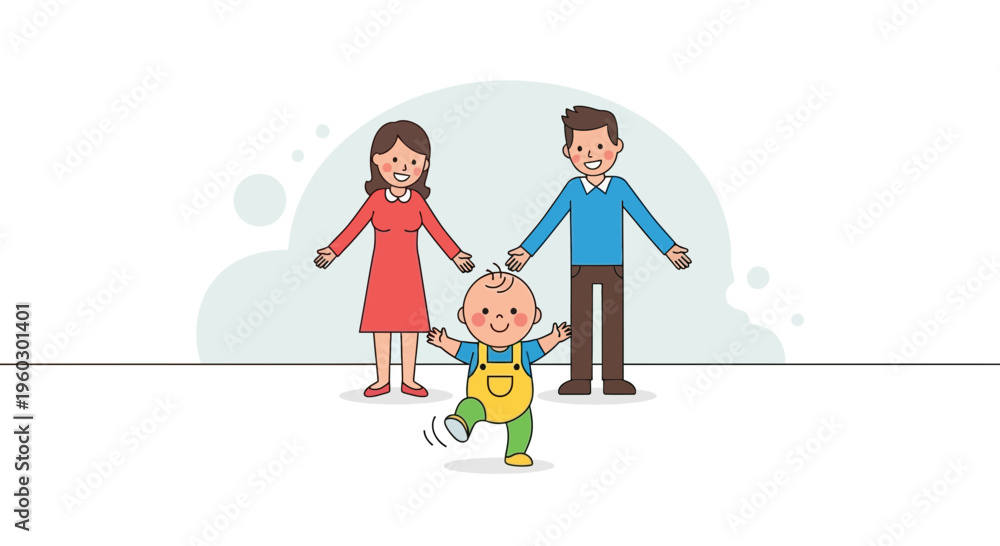 Fototapeta premium Joyful Family Illustration With Happy Toddler Taking First Steps Forward