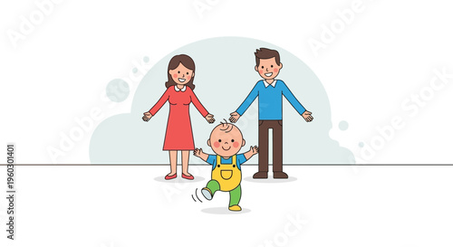 Joyful Family Illustration With Happy Toddler Taking First Steps Forward