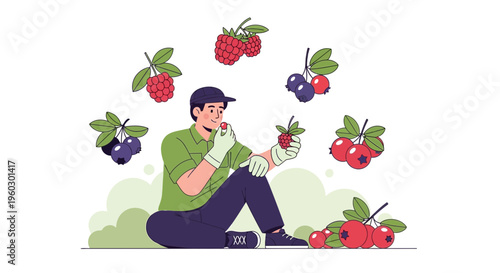 Joyful Farmer Enjoying Fresh Berries Surrounded By Assorted Fruit Illustrations