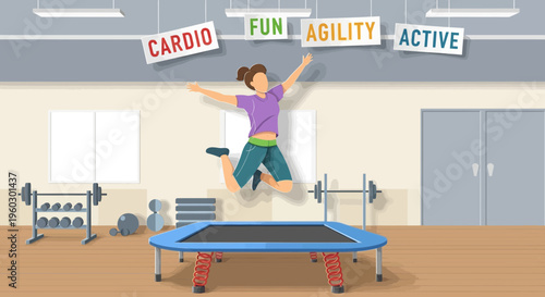 Joyful Fitness Session Woman Jumping on Trampoline Encouraging Active Lifestyle