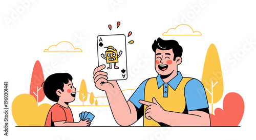 Joyful Father And Son Playing Cards In A Lively Park Setting