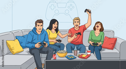 Joyful Friends Engage in Competitive Video Gaming Session Together On Couch