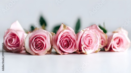 A Delicate Row of Five Soft Pink Roses on a White Surface.
