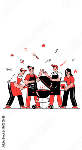 Joyful Friends Gather Around Barbecue Grill For Outdoor Celebration