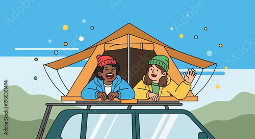 Joyful Friends Enjoying Rooftop Tent Camping Adventure Outdoors