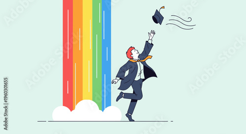 Joyful Graduate Celebrates Success Throwing Cap Skyward on Rainbow Path