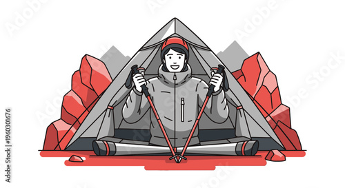 Joyful Hiker Emerges From Tent Ready For Mountain Adventure