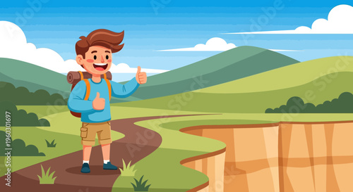 Joyful Hiker Exploring Scenic Mountain Trails With Backpack And Thumbs Up