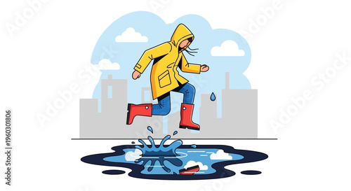 Joyful Jumper Splashing Through City Puddles On A Rainy Day