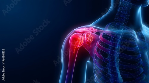 Anatomical illustration of a human shoulder joint with highlighted inflammation and pain.