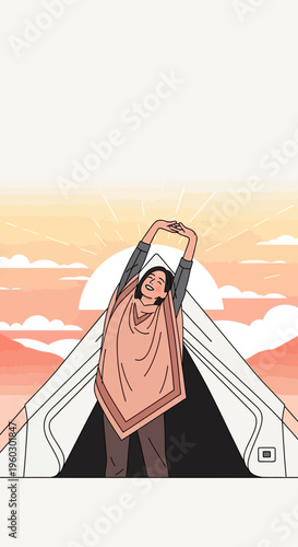 Joyful Morning Stretch Outdoors Beside Camping Tent At Sunrise