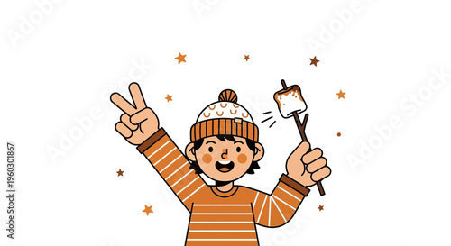 Joyful Kid With Toasted Marshmallow And Peace Sign
