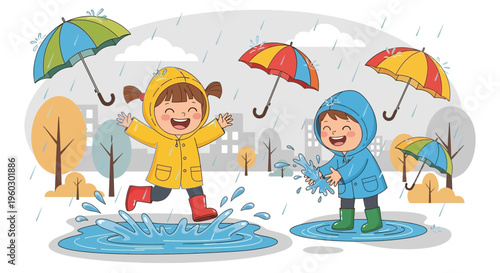 Joyful Kids Playing With Umbrellas In The Rain