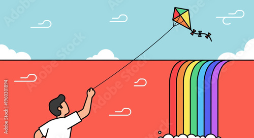 Joyful Kite Flying With Vibrant Rainbow Descent