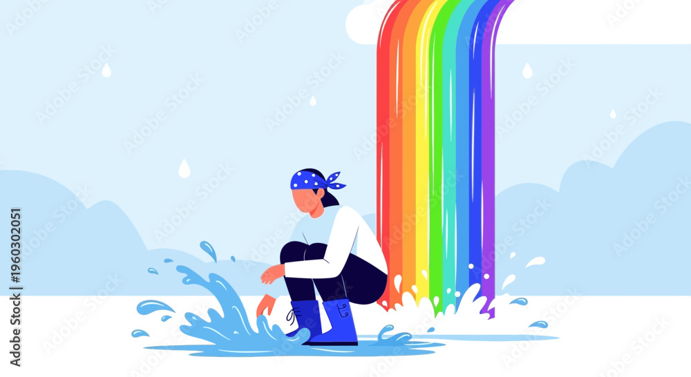 Naklejka premium Joyful Person Splashing in Puddles Beneath a Vibrant Rainbow Cascade