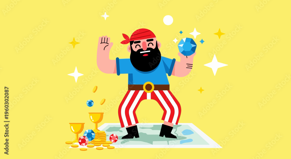 Naklejka premium Joyful Pirate Character Celebrating Treasure Discovery And Riches