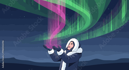 Joyful Person Gazing At Vibrant Aurora Borealis Display