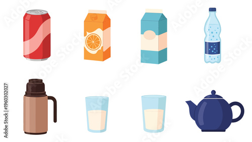 Assorted Beverage & Drinkware Collection: Soda, Juice, Milk, Water, Thermos, Teapot, Glasses Icons Set