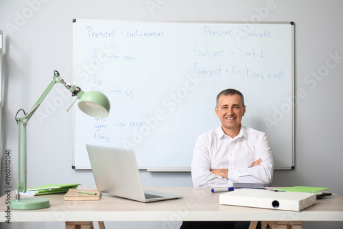 Male teacher sitting at tab...