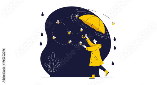 Joyful Rainy Day Encounter With Fireflies Under A Yellow Umbrella