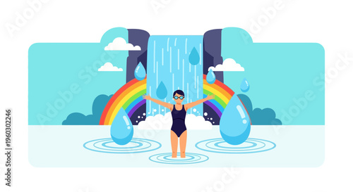 Joyful Swimmer Embraces Natural Splendor With Waterfall Rainbow And Water Drops