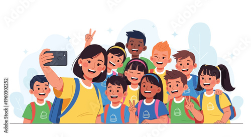 Joyful Teacher Captures Memorable Selfie Moment With Diverse Group Of Happy Students