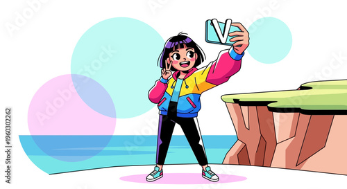 Joyful Teenager Captures Scenic Moment With Smartphone And Peace Sign