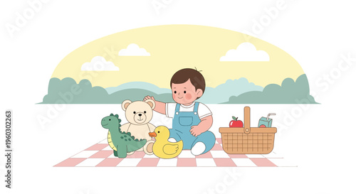 Joyful Toddler Enjoys Outdoor Picnic Surrounded by Beloved Toys