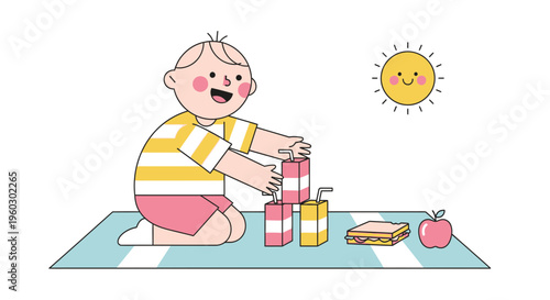 Joyful Toddler Enjoys Sunny Day Picnic With Juice Boxes and Snacks