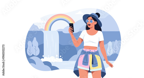 Joyful Tourist Capturing a Scenic Waterfall Rainbow Moment With Smartphone
