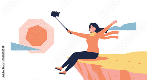 Joyful Traveler Capturing Scenic Cliffside Selfie Adventure
