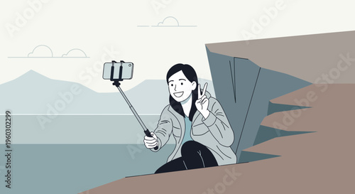 Joyful Traveler Captures Scenic Moment With Selfie Stick atop Cliff
