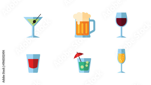 Flat Design Alcoholic Drinks Icons Set. Martini, Beer, Wine, Cocktail, Champagne, Shot Glass. Vector Beverage Collection