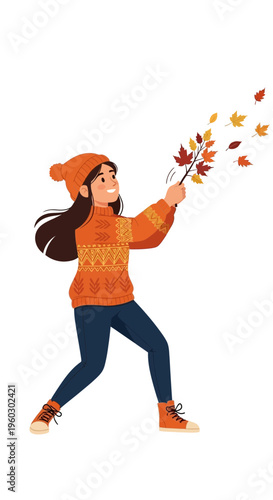 Joyful Woman Dancing With Autumn Leaves In Cozy Fall Fashion