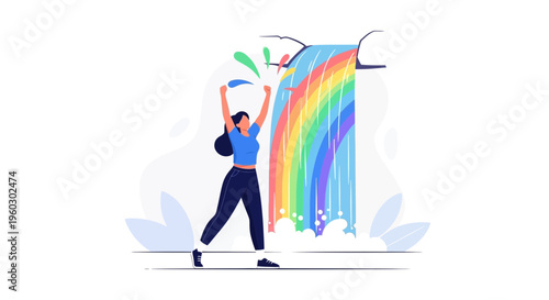 Joyful Woman Celebrates a Vibrant Rainbow Waterfall