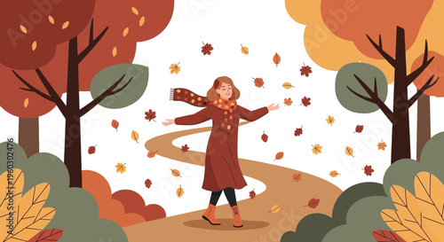 Joyful Woman Enjoying Autumn Fall With Falling Leaves Dancing In The Air