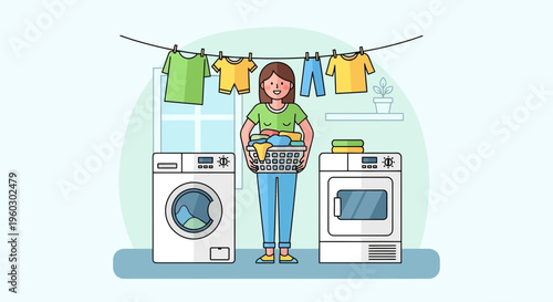 Joyful Woman Engaged in Laundry Routine Drying Clothes Indoors
