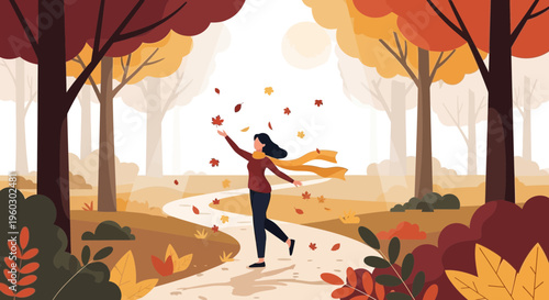 Joyful Woman Enjoying Autumn Leaves Falling In A Serene Forest Path