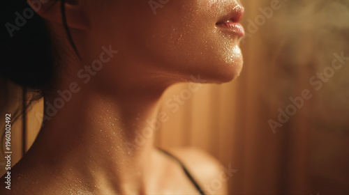 サウナで汗をかく女性の首元のクローズアップ