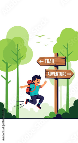 Joyful Young Explorer Embarks on Exciting Trail and Adventure Journey
