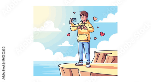 Joyful Young Man Captures Heartwarming Selfie on Scenic Cliff Edge