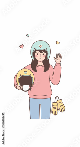 Joyful Young Woman Prepared For Motorcycle Ride Or Scooter Adventure